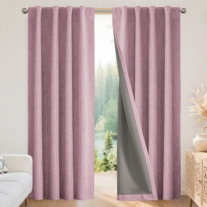 Joydeco Blackout Curtains for Bedroom - 120 Inch Long 100% Light Blocking 2 Panels Set Pink Drapes, Thermal Insulated Room Darkening Curtains, Linen Textured for Living Room, Rod Pocket & Back Tabs