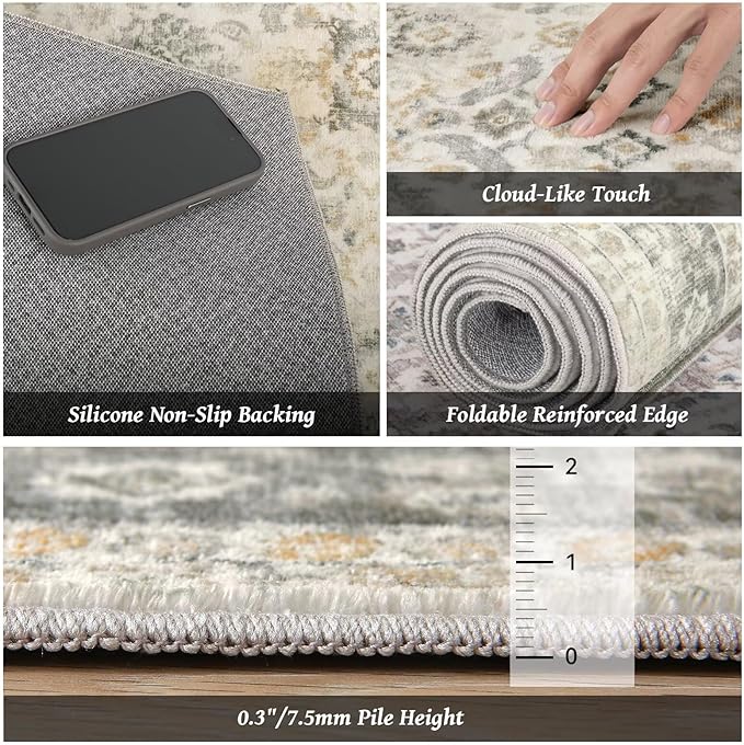 Washable 5x7 Area Rugs for Living Room, BoHo Non-slip Vintage Distress Rugs for Bedroom Dining Room Nursery Office, 0.3" Neutral Oriental Throw Thin Carpet with Cushioning Pad, Grey/Beige/Orange/Multi