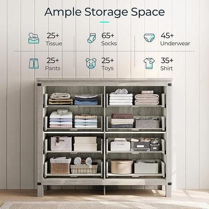LINSY HOME Farmhouse 8 Drawer Double Dresser for Bedroom, 50” Wide Rustic Wood Chest with Deep Drawers, Modern Dressers with Storage and Metal Handles for Closet, Living Room, Hallway, Wash Grey