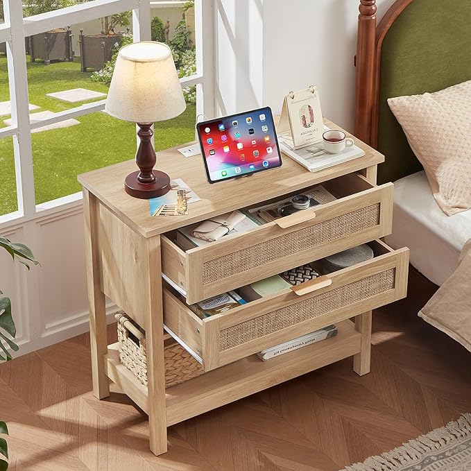 LEYAOYAO 31.5" Wide Rattan Night Stand with Charger Station, Oversized Large Boho Nightstand with 2 Drawer, Natural Wood Bed Side End Tables, Tall Bedside Table for Bedroom Living Room, Hallway