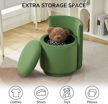 Velvet Vanity Chair with Storage, 360° Swivel Makeup Chair with Wave Back, No Assembly Small Accent Stool for Bedroom, Dressing, Living Room, Green