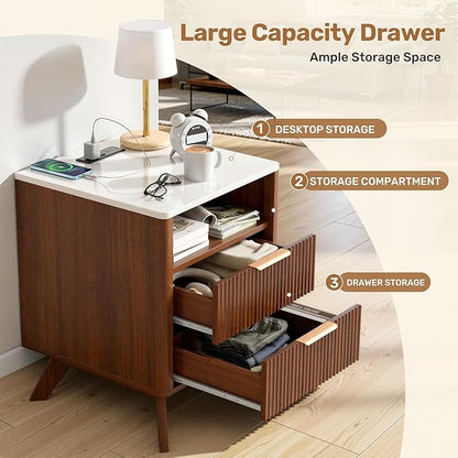 Modern Nightstand Set of 2, Side Table with Charging Station,Bedside Tables with Drawer, Mid-Century End Tables for Bedroom, Sturdy Storage Side Tables,Walnut