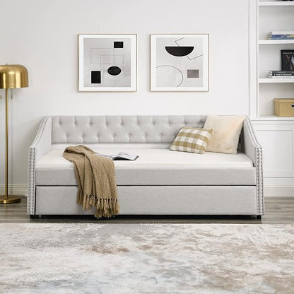 Favfurish Twin Size Daybed with Trundle,Linen Upholstered Sofa Bed W/Button on Back & Copper Nail on Waved Shape Armrests,Space Saving,No Spring Box Need,Wood Bedframe for Living Room Bedroom,Beige