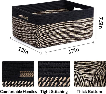 Large Storage Baskets for Shelves, Closet Organizers Bins for Clothes Blanket Towels, Baby Nursery, Toy Baskets Box, Woven Rope Baskets, 17 x 13 x 7.5”, 2 Packs Woven Brown