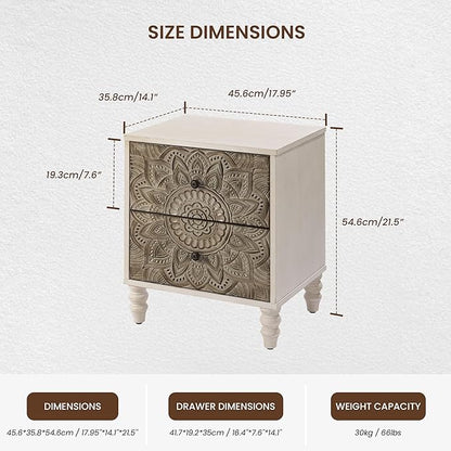 COSIEST Vintage Nightstand, 18" Wide Wood Small Bed Side Table with 2 Drawers, Accent Bedside Table, Bedroom Furniture for Home, Office (Lotus Pattern)