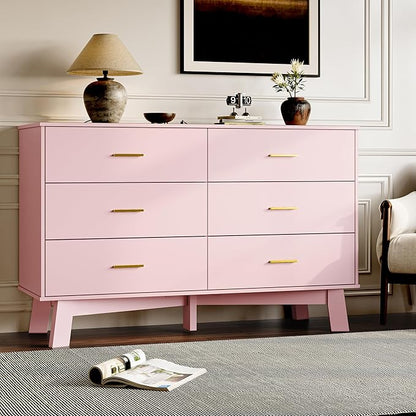 Dresser for Bedroom with 6-Drawer, 47.2" Modern Chest of Drawers with Metal Handles, X-Shape Base & Adjustable Center Leg, Anti-Tip Closet Organizers and Storage