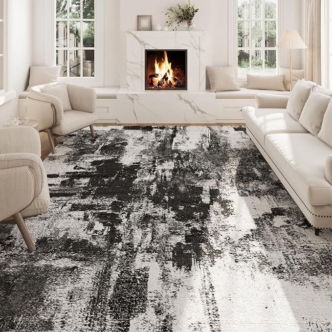 5x7 Area Rug Living Room Rugs - Machine Washable Neutral Abstract Rugs for Dinning Room Indoor Floor Non Silp Rug Carpet for Bedroom Home Office Decor - Black White