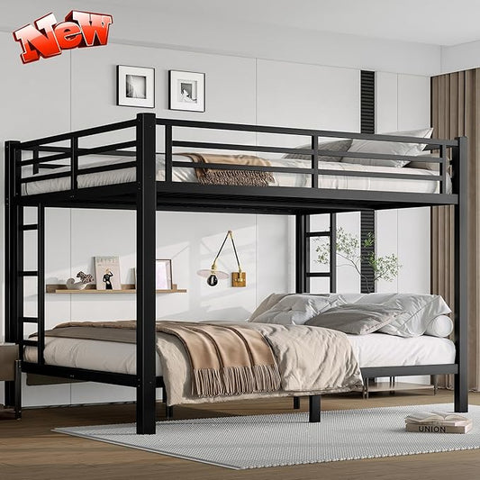 Upgraded Version Thickened Metal Heavy-Duty Queen Over Queen Bunk Bed, Best Modern Style Stronger Queen Size Bunk Bed Frame with Ladder for Adults, Easy Assembly (Queen Over Queen)