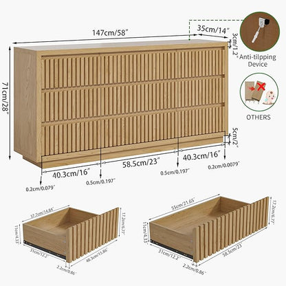 Long Dresser for Bedroom, Large Fluted Dresser with 9 Drawers, 58" Wide Modern Chest of Drawers, Wood Closet Clothes Storage Organizer, Wooden TV Stand for Living Room, Boho, Natural Oak