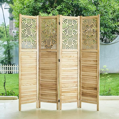 Svimi Folding Room Divider, 66.9 Inch 4 Panels Wood Carved Privacy Screens, Free Assembled Freestanding Portable Separation Wall for Home Office Bedroom (Natural)