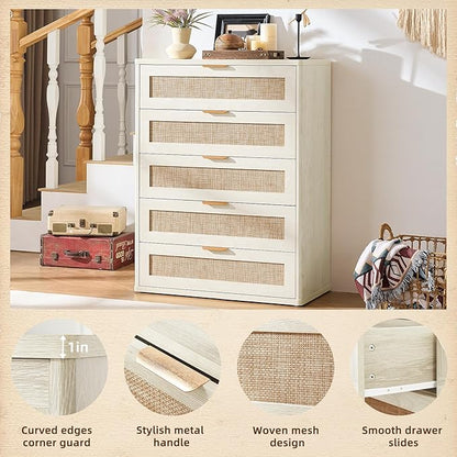 LEYAOYAO Rattan Dresser for Bedroom 41" Tall Chest of Drawers, Modern 5 Drawers Boho Dressers with Storage, Light Oak Dresser Wooden Closet Organizer for Living Room, Hallway, Grey White