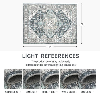 9x12 Vintage Washable Area Rug for Living Room,Low Pile Non Slip Carpet Non-Shedding Large Area Rug Soft Indoor Stain Resistant Rug Boho Print Mat for Bedroom Dining Room Blue Beige Multi