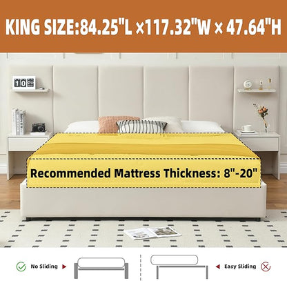King Bed Frame with Storage & Built-in Nightstands, Velvet Upholstered Platform Bed Frame with Drawers & 2 Floating Storage Shelves, Noise-Free, No Box Spring Needed, Easy Assembly, Beige