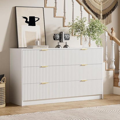 White Dresser for Bedroom, Modern Dresser with 6 Drawers and Smooth Slides, Wide Chest of Drawers with Golden Handles for Bedroom, Living Room, Closet, 15.7" D x 55.1" W x 31.4" H