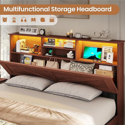 VIAGDO Farmhouse Bed Frame Queen Size with Bookcase Storage Headboard, Charging Station and LED Lights, Wooden Queen Bed Frame with 4 Drawers, Barn Door Design, No Box Spring Needed, Reddish Brown