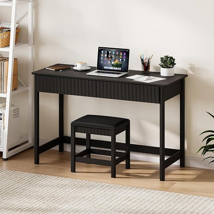 ChooChoo 47.2 Inch Modern Desk with Drawers, Makeup Vanity Desk with Padded Stool, Writing Computer Desk for Home Office & Bedroom, Black