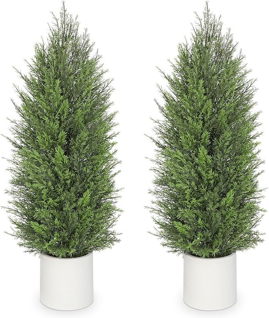 Briful 2PCS 4ft Artificial Cedar Topiary Trees in White Planter – Medium Faux Evergreen Potted Plants, Indoor Outdoor Fake Shrubs, Lifelike Fake Cypress Trees for Home, Office, Patio, Porch