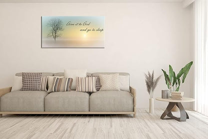 Misty Sunset & Tree Plant Picture For Bedroom Above Bed,Large White Country Wood Sign For Bathroom Canvas Wall Art,Give It To God And Go To Sleep Artwork Decor,Gallery Wrapped Gift,Inner Frame(30x60)