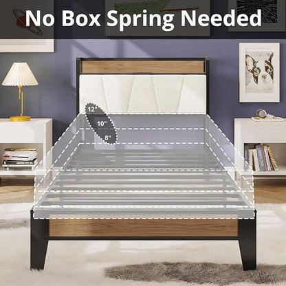 LIKIMIO Twin Bed Frames, Storage Headboard with Charging Station, Solid and Stable, Noise Free, No Box Spring Needed, Easy Assembly, Wood and Cream