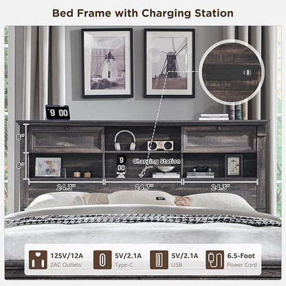 Farmhouse King Size Bed Frame with 54" Tall Headboard, Headboard with 4 Storage Rack, 2 Drawers, 18" Roman Column Decoration Footboard, Wood Platform Bed Frame, No Box Spring Needed(Dark Rustic Oak)