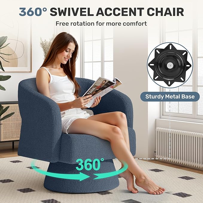 Swivel Accent Chair, Modern Comfy Teddy Barrel Chairs, Oversized Upholstered Round Arm Chair for Living Room, Bedroom, Reading Room, Blue, 1 PCS
