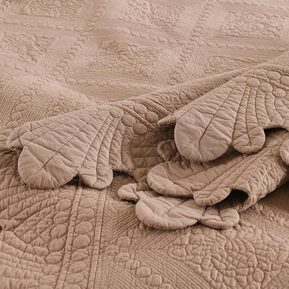 MarCielo 3-Piece 100% Cotton Oversized Bedspread Lightweight Quilt Coverlet Embroidery Farmhouse Bedding Set (TK Pale Taupe Camel, Oversized Queen (100"x106"))