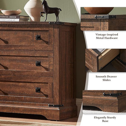 T4TREAM 32" Farmhouse Nightstand with Charging Station, Large End Table with 3 Storage Drawers, Rustic Wood Bedside Table for Bedroom, Living Room, Reclaimed Barnwood Color