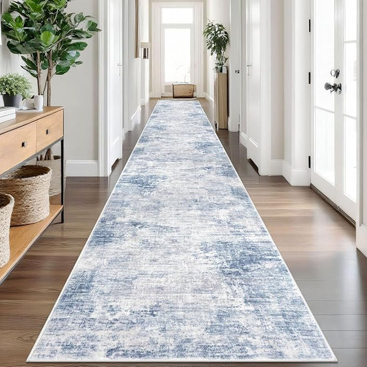 IOHOUZE Abstract Runner Rug 3x20 Ft Extra Long Washable Runners for Hallways, Non Slip Kitchen Runner Printed Faux Wool Entryway Runner Indoor, Modern Floor Carpet for Hall Stair, Light Blue White