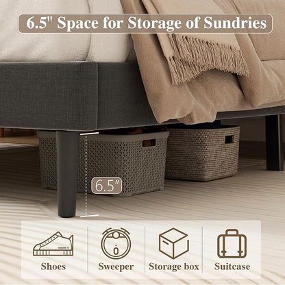 Queen Size Bed Frame with Diamond Tufted Headboard, Linen Upholstered Platform Bed and Wooden Slat Support, Noise-Free, No Box Spring Needed, Easy Assembly, Dark Grey