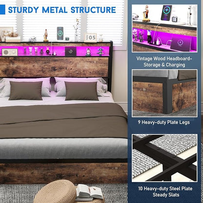 Full Size Lift Up Storage Bed Frame with Charging Station, 2 Tier Wood Storage Headboard with Led Lights, Heavy Duty Metal Slats Support/Hydraulic Storage/Noise-Free/Brown