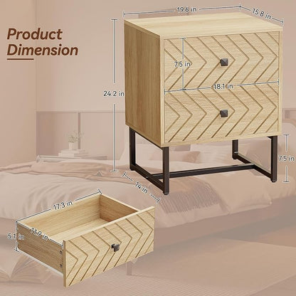 Modern Nightstand with Two Storable Drawers,Sturdy Bedside Table Space-Saving Night Stand with Black Metal Legs for Bedroom,Oak
