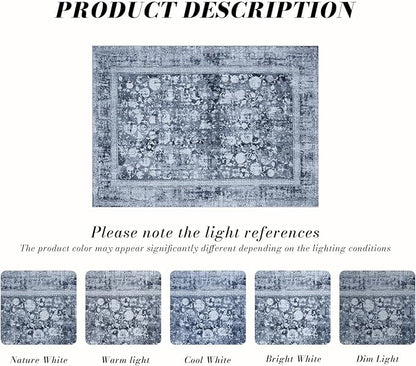 Area Rug 8×10, Large Vintage Boho Rug,Ultra-Soft Low Pile, Washable, Non Slip,Stain Resistant, Printed Carpet for Living Room Bedrooms Playroom Office Kitchen, Stone/Blue