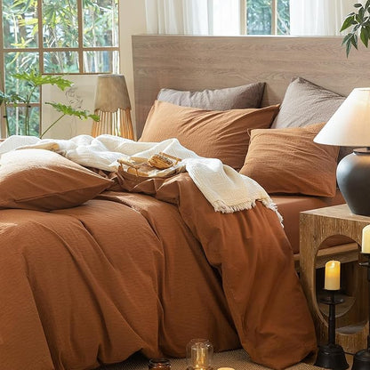 MooMee Wavy Striped Duvet Cover Set 100% Washed Cotton Linen Like Textured Breathable Durable Soft Comfy (Dark Orange, Full 80"x90")