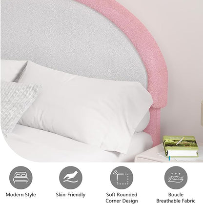 Queen Bed Frame, Boucle Upholstered Platform Bed Frame with Headboard, White Bed Frame, Soft Rounded Corners, No Box Spring Required, Easy Assembly, Pink&White