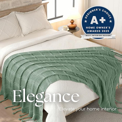 Boho Knitted Chenille Blanket with Tassels - Lightweight & Soft All-Season Throw - 3D Classic Pattern for Living Room Bedroom Couch, Sage Green, Twin 60"x80"