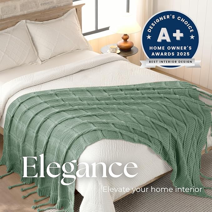 Boho Knitted Chenille Blanket with Tassels - Lightweight & Soft All-Season Throw - 3D Classic Pattern for Living Room Bedroom Couch, Sage Green, Queen 90"x90"