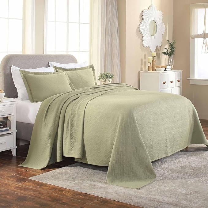 Superior 100% Cotton Basket Weave Bedspread with Shams, All-Season Premium Cotton Matelasse Jacquard Bedding, Quilted-Look Geometric Basket, Full, Sage