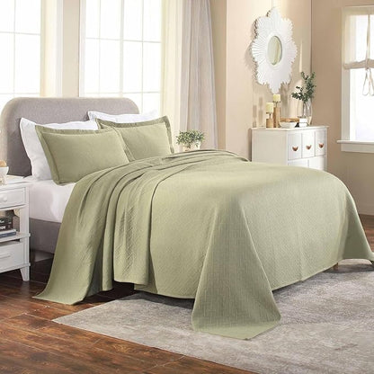Superior 100% Cotton Basket Weave Bedspread with Shams, All-Season Premium Cotton Matelasse Jacquard Bedding, Quilted-Look Geometric Basket, Full, Sage