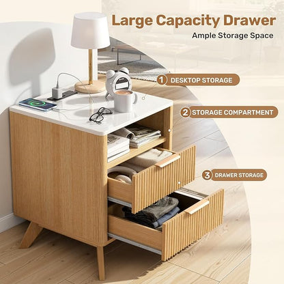 Modern Nightstand,Side Table with Charging Station,Bedside Tables with Drawer,Mid-Century End Tables Set (1-Piece),Natural Oak