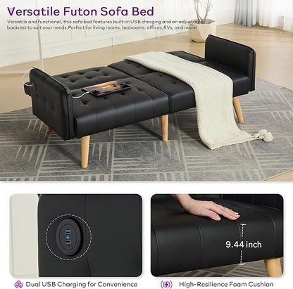 TYBOATLE Faux Leather Convertible 65'' Folding Futon Sofa Bed w/ 2 USB, Loveseat for Small Space, Apartment, Dorm, Living Room, Office, Black