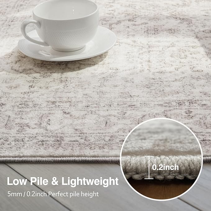 Fmfunctex 2x8 Runner Rug Beige Washable Vintage Neutral Distressed Non Slip Low Pile Indoor Carpet Soft Retro Floral Hallway Entryway Rug for Kitchen Living Room Bedroom Bathroom Laundry Entry Bedside