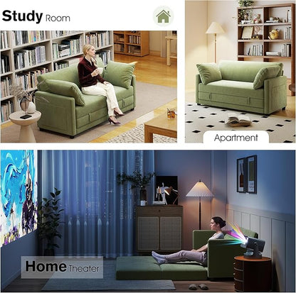 65" Loveseat Sleeper Sofa Bed, Chenille Convertible Floor Sofa Bed for Small Spaces, Folding Couch Bed with Deep Seat, 2 Pillows & Solid Frame, Pull Out Floor Couch for Living Room, Green