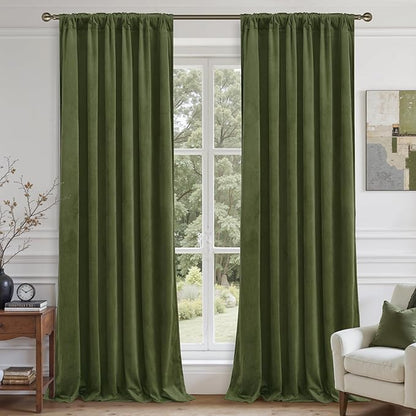 LAMIT Velvet Curtains 102 Inches Long for Living Room, Sage Green Thermal Insulated Soundproof Panels Room Darkeing Back Tab and Rod Pocket Drapes for Bedroom/French Country, 2 Panels, 52 x 102 Inch