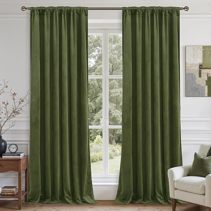 LAMIT Sage Green Velvet Curtains 96 Inches Long for Living Room, Luxury Thermal Insulated Room Darkeing Panels Back Tab and Rod Pocket Privacy Protected Drapes for Bedroom, 2 Panels, 52 x 96 Inch