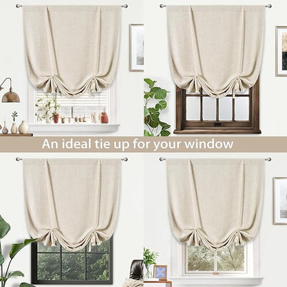 DriftAway Double Layer Linen Blackout Tie Up Curtains Thermal Insulated Fully Lined Balloon Roman Shade Bathroom Window Adjustable Rod Pocket for Small Window 39 Inch by 55 Inch Beige