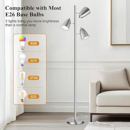 QiMH Tree Floor Lamp with 3 Light Bulbs, Standing Tall Pole Lamps for Living Room Bedroom Office, Reading Stand up Lamps with 3 Adjustable Arms,Brushed Nickel