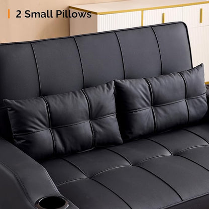 VINGLI Black Futon Sofa Bed Convertible Loveseat Sleeper Couch, Faux Leather Pullout Sofa Fold Out Couch Bed with USB Ports, Cup Holders, Armrest for Living Room, Bedroom Apartment Room