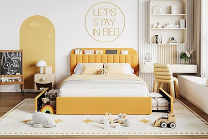 Jojoka Full Bed Frame with Storage Headboard and 2 Drawers, Boucle Upholstered Platform Bed, Modern Kids Full Bed Frames for Small Rooms, No Box Spring Needed, Easy Assembly, Yellow