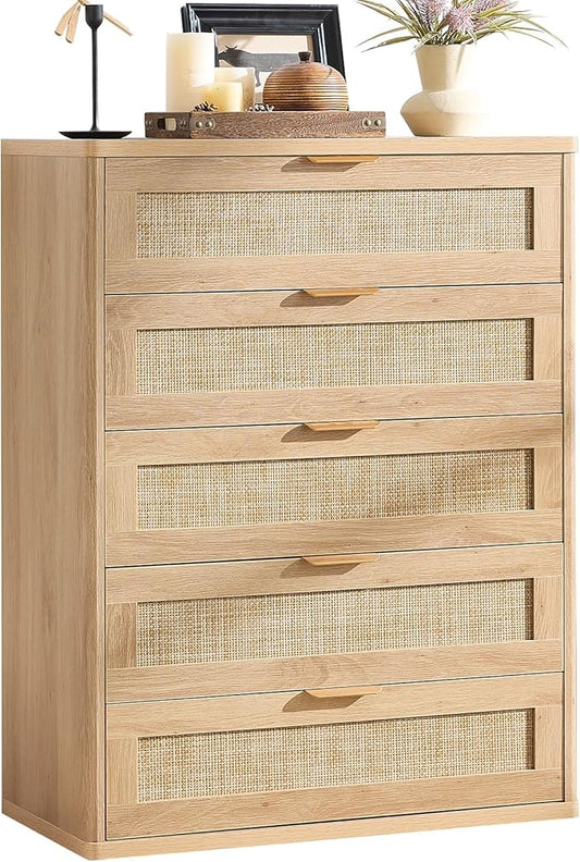 LEYAOYAO Rattan Dresser for Bedroom, 41" Tall Chest of Drawers, Modern 5 Drawers Boho Dressers with Storage, Light Oak Dresser Wooden Closet Organizer for Living Room, Hallway, Natural Wood