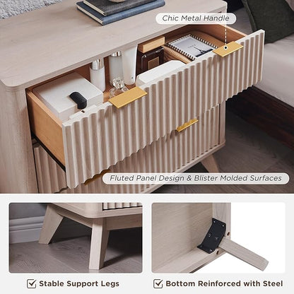 T4TREAM Fluted 3 Drawers Nightstand Set of 2, Oversized Extra Large Modern Side Table, End Table Bedside for Bedroom, Living Room, Curved Profile Design, White Alder